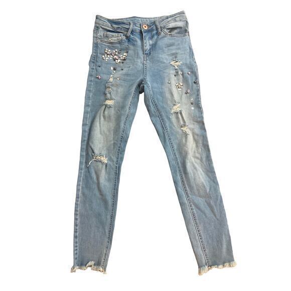 Vanilla Star Mid Rise Skinny Jeans Blue Size 27 Embellished Ripped Juniors‎ - Picture 2 of 11